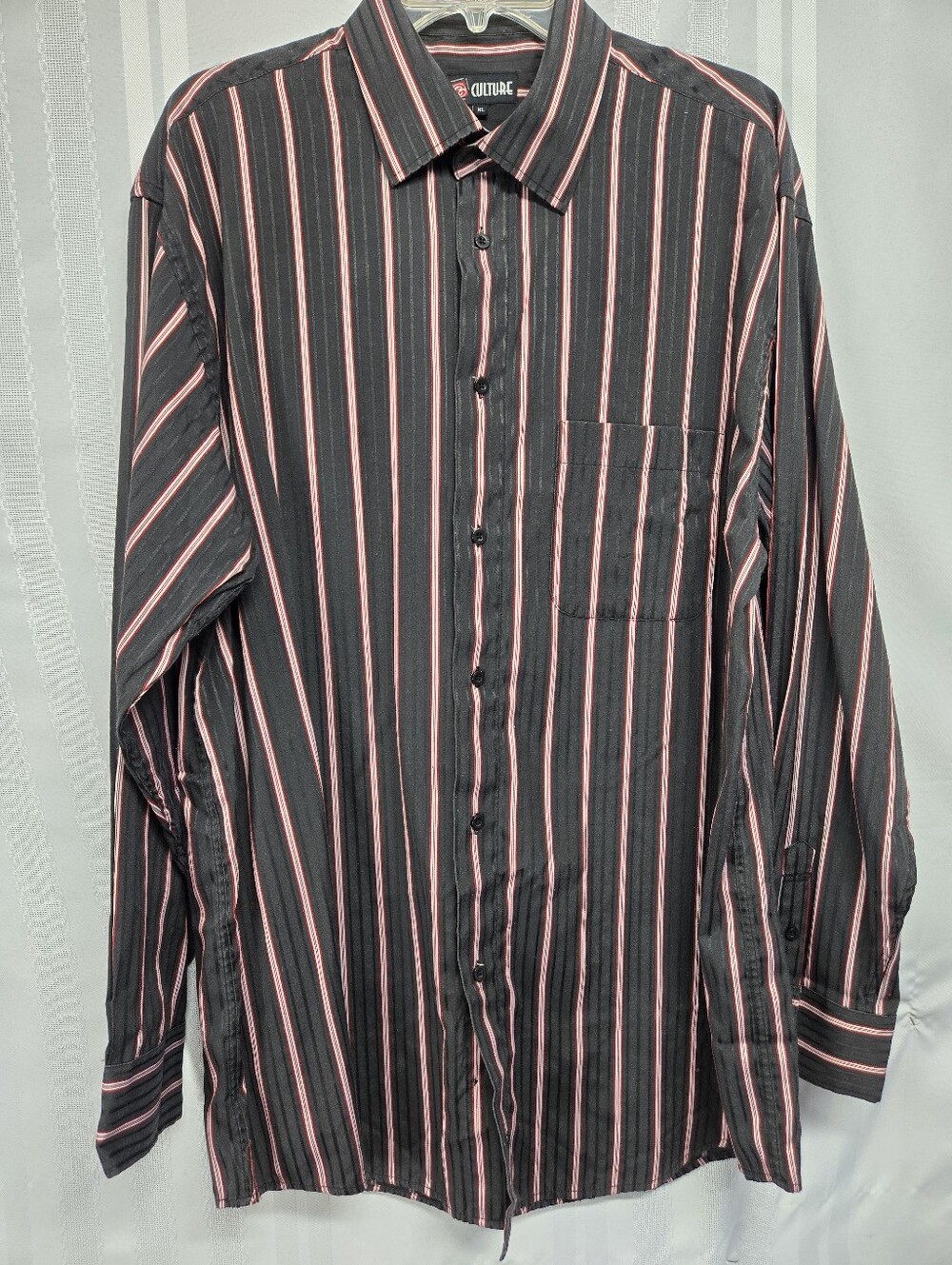 CULTURE MEN'S LONG SLEEVE BUTTON UP DRESS SHIRT BLACK/ RED/WHITE STRIPES SIZE XL